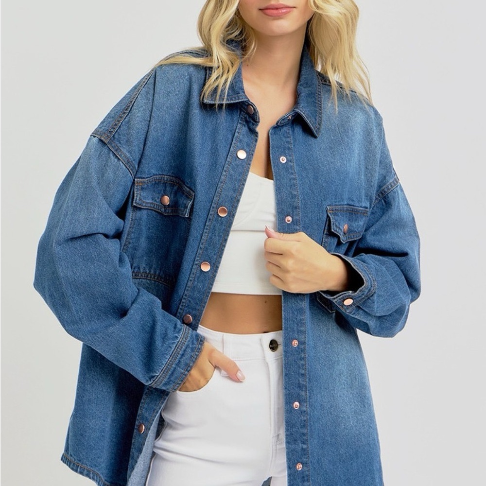SOLD OUT RISEN Full Size Snap Down Long Sleeve Denim Shacket - Picture 4 of 6